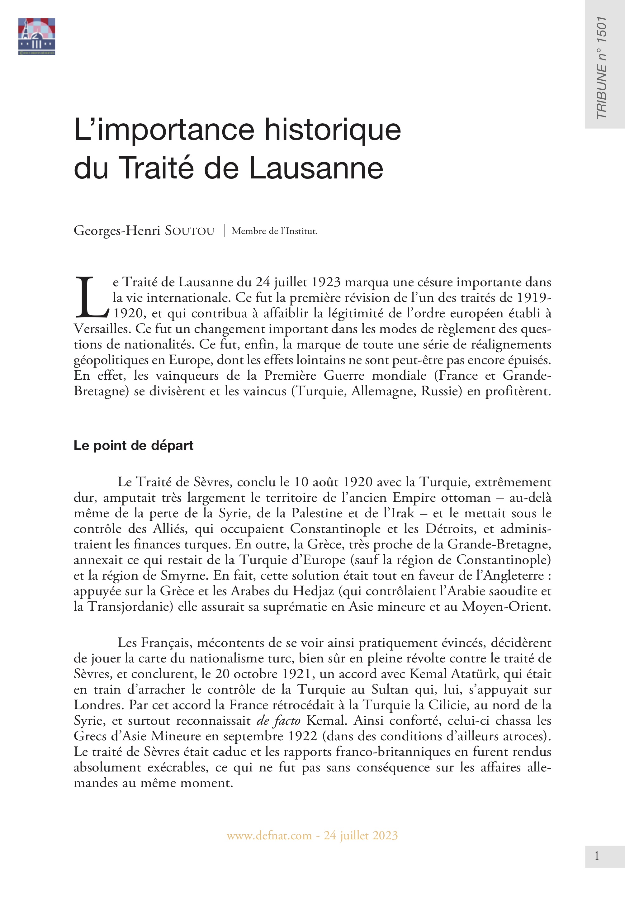 L’importance historique du Traité de Lausanne (T 1501)
